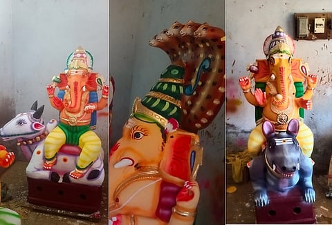  மானாமதுரையில் பொது இடங்களில் வைத்து வழிபாடு செய்ய மண்ணால் உருவாக்கப்பட்ட  விநாயகா் சிலைககள்.