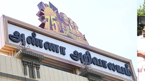 திமுகவின் 75- ஆம் ஆண்டை முன்னிட்டு, சென்னை அண்ணா அறிவாலய கட்டடத்தின் முகப்பில் நிறுவப்பட்டுள்ள பவள விழா இலச்சினையை ஞாயிற்றுக்கிழமை திறந்து வைத்த திமுக தலைவரும், தமிழக முதல்வருமான மு.க.ஸ்டாலின். உடன் பொதுச்செயலரும் அமைச்சருமான துரைமுருகன்