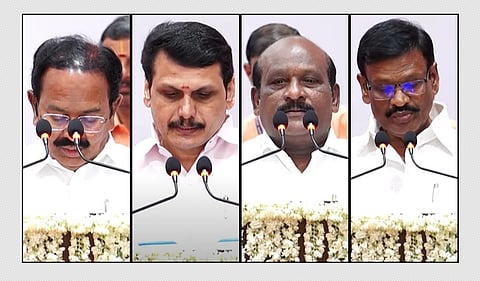அமைச்சர்களாக பொறுப்பேற்றுக்கொண்ட ஆா்.ராஜேந்திரன், வி.செந்தில் பாலாஜி, கோவி.செழியன், சா.மு. நாசா்.