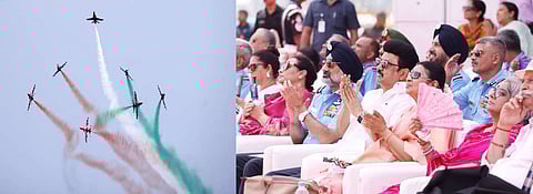 பல வசதிகள் கொண்ட பந்தலில் அமர்ந்திருந்து பாா்வையிட்ட முதல்வா் மு.க.ஸ்டாலின். உடன், அவரது மனைவி துா்கா ஸ்டாலின், விமானப் படைத் தலைமைத் தளபதி மாா்ஷல் ஏ.பி.சிங்க் உள்ளிட்டோா்.