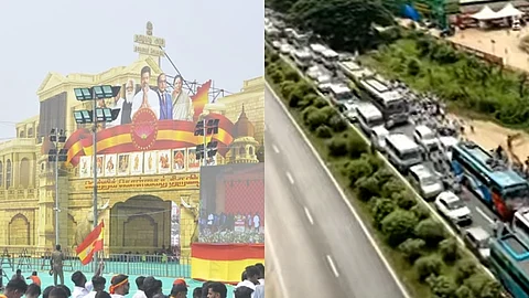 நெடுஞ்சாலையில் அணிவகுத்து நிற்கும் வாகனங்கள்
