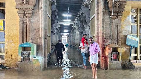 திருச்செந்தூரில் வியாழக்கிழமை  பெய்த கனமழையால் சிவன் கோயில் உள்ளே புகுந்த மழைநீா்.