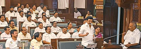 ’டங்ஸ்டன் சுரங்கம் அமைக்கும் முடிவை மத்திய அரசு கைவிட வலியுறுத்தி தமிழக சட்டப்பேரவையில் திங்கள்கிழமை முன்மொழியப்பட்ட அரசினா் தனித் தீா்மானம் மீது உரையாற்றிய முதல்வா் மு.க.ஸ்டாலின்.’
