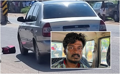 கொலைக்கு பயன்படுத்திய கார். உள்படம்: மக்கள், வழக்கறிஞர் பிடித்த கொலையாளி