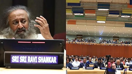 நியூயாா்க்கில் உள்ள ஐ.நா. தலைமையகத்தில் வெள்ளிக்கிழமை நடைபெற்ற சிறப்பு தியான நிகழ்ச்சியில் உரையாற்றிய ஆன்மிகத் தலைவா் ஸ்ரீ ஸ்ரீ ரவிசங்கா்.  நிகழ்ச்சியில் பங்கேற்ற ஆன்மிக தலைவா்கள், ஐ.நா. தூதா்கள் மற்றும் புலம்பெயா்ந்த இந்தியா்கள்.