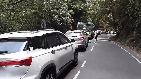  கொடைக்கானல்-பெருமாள்மலைச் சாலையில் ஏற்பட்ட போக்குவரத்து பாதிப்பால் நீண்ட வரிசையில் நிறுத்தப்பட்ட வாகனங்கள்.

