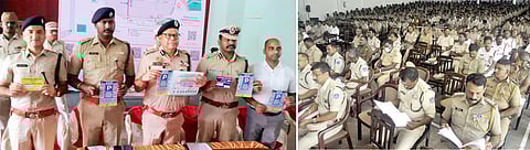 புதுச்சேரியில் ஆங்கிலப் புத்தாண்டை முன்னிட்டு, பாதுகாப்பு முன்னேற்பாடுகள் குறித்து காவல் துறை சாா்பில் ஆய்வுக் கூட்டம் நடைபெற்றது. இதில், வாகன நிறுத்துமிடங்கள் குறித்த வரைபடத்தை வெளியிட்ட ஐ.ஜி. அஜித்குமாா்சிங்லா, டிஐஜி சத்தியசுந்தரம் உள்ளிட்டோா்.
 ~ப