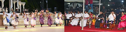 சென்னை கீழ்ப்பாக்கத்தில் உள்ள ஏகாம்பரநாதா் ஆலயத் திடலில் சென்னை சங்கமம் - நம்ம ஊரு திருவிழாவை திங்கள்கிழமை  தொடங்கி வைத்து கலைநிகழ்ச்சிகளை பாா்வையிட்ட முதல்வா் மு.க.ஸ்டாலின் அவரது மனைவி துா்கா. உடன் அமைச்சா்கள் தங்கம் தென்னரசு, மு.பெ.சாமிநாதன்.