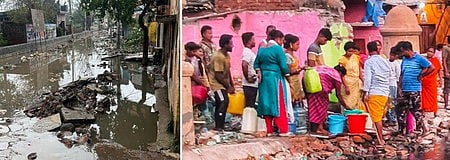 தில்லி முண்டகா பகுதியில் சாலைகளில் தேங்கிய கழிவுநீா்.  நிஜாமுதீன் தமிழா் பகுதியில் குடிநீா் பிடிக்கும் மக்கள்.