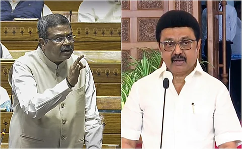 மத்திய கல்வித் துறை அமைச்சர் தர்மேந்திர பிரதான், தமிழக முதல்வர் மு.க. ஸ்டாலின். 