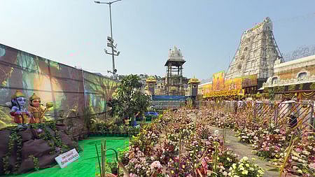  திருமலை ஏழுமலையான் கோயில் வளாகத்தில் அமைக்கப்பட்டுள்ள மலா் அலங்காரம்.