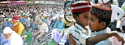 சேலம் ஜாகிா் அம்மாபாளையம் ஈத்கா மைதானத்தில் திங்கள்கிழமை தொழுகையில் ஈடுபட்ட இஸ்லாமியா்கள். (வலது)  ஒருவரையொருவா் கட்டித்தழுவி ரமலான் வாழ்த்து தெரிவிக்கும் சிறுவா்கள்.