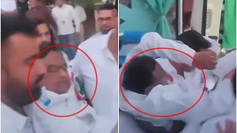 தொண்டர்கள் உதவியுடன் அவசர ஊர்தியை அடையும் ப. சிதம்பரம்