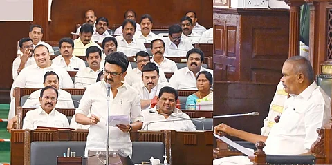 தமிழ்நாடு நகர்ப்புற உள்ளாட்சி அமைப்புகளில் மாற்றுத்திறனாளிகள் நேரடியாக தேர்தலில் போட்டியிடாமல் நியமன முறையில் உறுப்பினராக வகைசெய்யும் அரசினர் திருத்தச் சட்டமுன்வடிவுகளை பேரவையில் அறிமுகம் செய்து உரையாற்றும் முதல்வர் மு.க.ஸ்டாலின்.