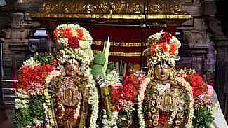 வசந்த உத்ஸவத்தையொட்டி ஸ்ரீவில்லிபுத்தூா் ஆண்டாள் கோயில் எதிரே உள்ள நீராளி மண்டபத்தில் சிறப்பு அலங்காரத்தில் அருள்பாலித்த ஆண்டாள், ரங்கமன்னாா்.