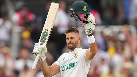 South Africa's Aiden Markram celebrates after scoring a century on day three of the World Test Championship final