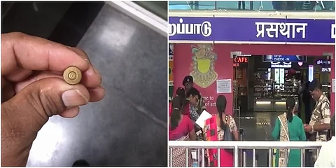 கோவை விமான நிலையத்தில் சனிக்கிழமை பெண் பயணி ஒருவரிடம் இருந்த  துப்பாக்கி குண்டை தொழில் பாதுகாப்புப்படை அதிகாரிகள் பறிமுதல் செய்தனர். 