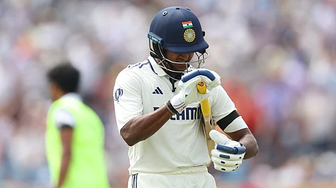 India's Sai Sudharsan reacts as he walks off the field after losing his wicket on day one 
