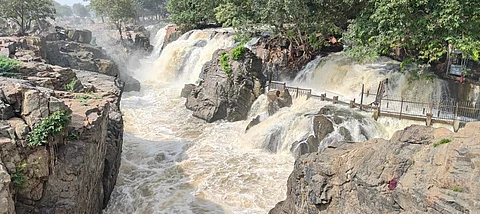 ஒகேனக்கல் பிரதான அருவியில் ஆர்பரித்துக் கொட்டும் தண்ணீர்.