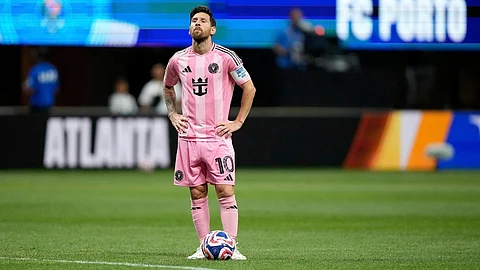 Inter Miami's Lionel Messi prepares to take a free kick from which he scored his side's second goal during the Club World Cup