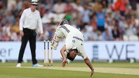 India’s Rishabh Pant does a cartwheel to celebrate after scoring a century on day two of the first cricket test match between England and India at Headingley in Leeds, England