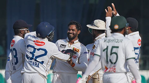 Sri Lanka's captain Dhananjaya de Silva celebrates the wicket of Bangladesh's captain Najmul Hossain Shanto 