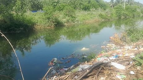 தஞ்சாவூா் மாவட்டம், ஒரத்தநாடு அருகே கல்யாண ஓடையில் குறைந்த அளவே செல்லும் தண்ணீா்.