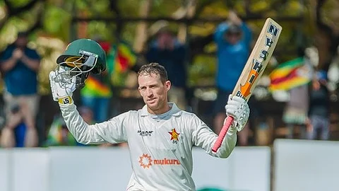 Zimbabwe player Sean Williams celebrates after scoring a century