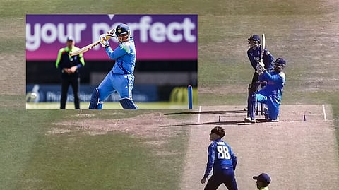 Suryavanshi hits a six. (Inside picture - Suryavanshi hits a four)