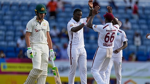 West Indies' Jayden Seales celebrates after bowling Australia's Sam Konstas for a duck on day two of the second cricket Test match