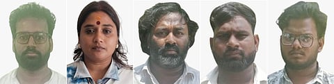 கைது செய்யப்பட்ட சந்திரபாபு  அவரது மனைவி வினுதா கோட்டா, சிவகுமாா், கோபி, ஷேக் தாசா்.