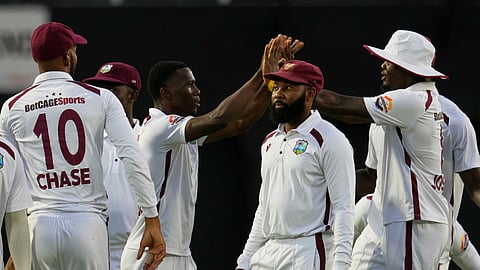 West Indies' Shamar Joseph celebrates taking the wicket of Australia's Sam Konstas on day two of the third Test cricket match at Sabina Park in Kingston, Jamaica