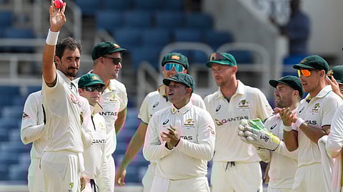 Australia's Mitchell Starc shows the ball