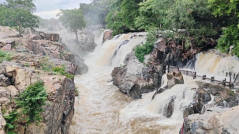 சுற்றுலாப் பயணிகளுக்கு அருவிகளை குளிப்பதற்கு அனுமதி அளிக்கப்பட்ட போதிலும் வெறிச்சோடி காணப்படும்  ஒகேனக்கல் பிரதான அருவி. 