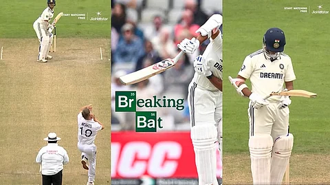 Jaiswal's bat was broken by a ball bowled by Chris Oakes...