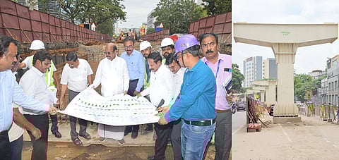 சைதை-தேனாம்பேட்டை வரை ரூ.621 கோடியில் மேற்கொள்ளப்பட்டு வரும் 4 வழித்தட மேம்பால கட்டுமானப் பணிகளை ஆய்வு செய்த அமைச்சா் எ.வ.வேலு.