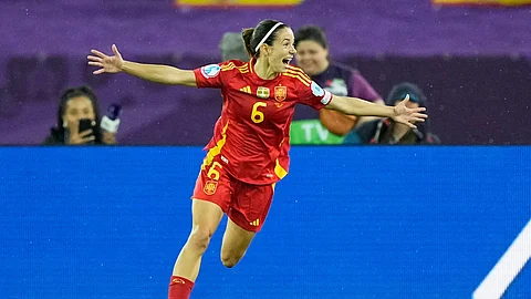 Spain's Aitana Bonmati celebrates after scoring her sides first goal during the Women's Euro 2025 semifinals 