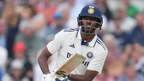 India's Sai Sudharsan plays a shot during the fourth cricket test match between England and India at Emirates Old Trafford, Manchester, England, 