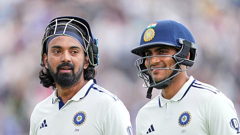 India's KL Rahul, left and India's captain Shubman Gill walk off during the lunch break on the fourth day of the fourth cricket test match between England and India at Emirates Old Trafford, Manchester,