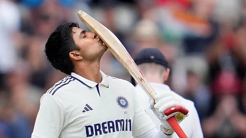 Captain Shubman Gill expresses joy after scoring a century