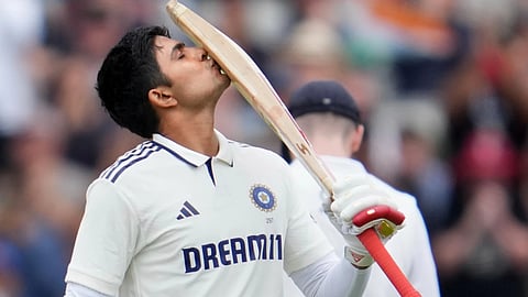 Captain Shubman Gill expresses joy after scoring a century