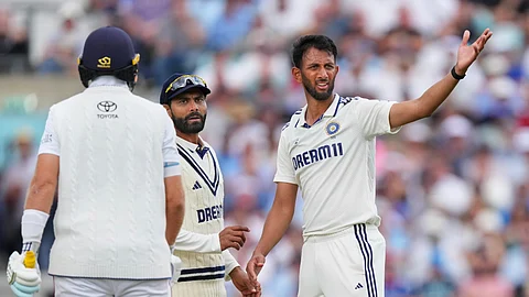 India's Prasidh Krishna reacts after not given out during the second day