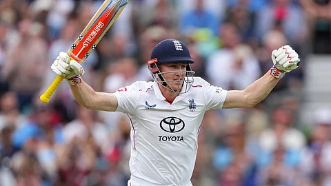 Harry Brook celebrates after scoring a century