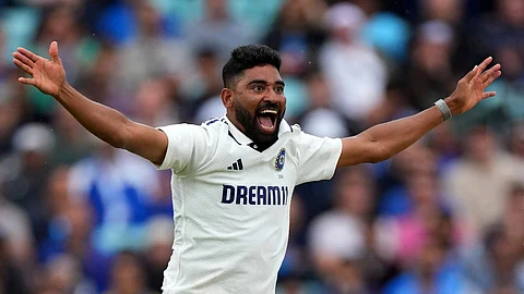 India's Mohammed Siraj appeals successfully for the wicket of England's Jamie Overton