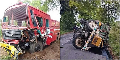 தீயணைப்பு வாகனம் மோதியதில் கவிழ்ந்த டிராக்டா் - சேதமடைந்த தீயணைப்பு வாகனம்

