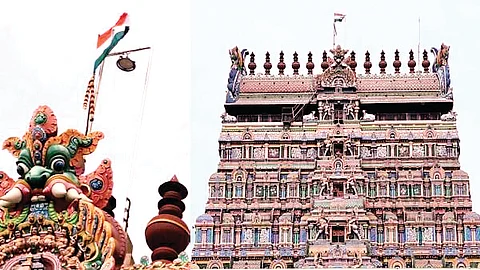 கோயில் கோபுர உச்சியில் தேசியக் கொடி...