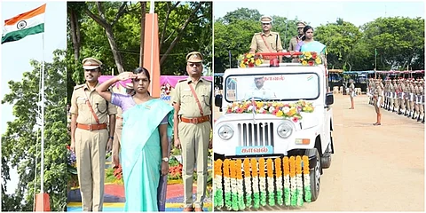 புதுக்கோட்டை ஆயுதப்படை திடலில் நடைபெற்ற சுதந்திர நாள் விழாவில் மாவட்ட ஆட்சியர் மு.அருணா தேசியக் கொடியை ஏற்றி வைத்தார்.