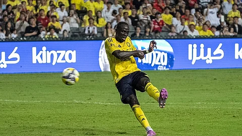 Al Nassr's Sadio Mane scores a goal during the Saudi Super Cup semi finals soccer match between Al Nassr and Al Ittihad at the Hong Kong Stadium in Hong Kong, 