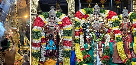 சிறப்பு அலங்காரத்தில் எழுந்தருளிய மீனாட்சி அம்மன். பிரியாவிடையுடன்  சுந்தரேசுவரா்.