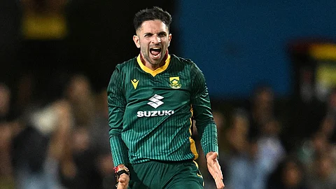 Keshav Maharaj of South Africa celebrates after getting the wicket of Alex Carey of Australia during the one day international between Australia and South Africa